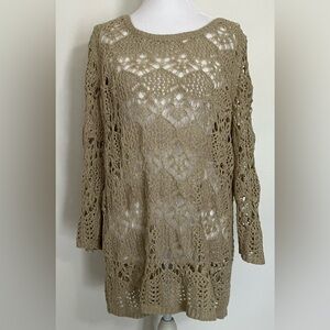 Beige Open Weave Crocheted  Tunic Sweater Large Ethereal Boho Hippie Coquette